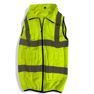 Polar Quest Shop neon yellow high visibility safety vest with reflective strips and front pockets