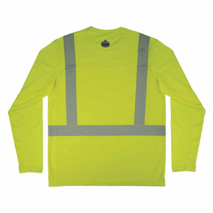 Back view of Ergodyne lime high visibility long sleeve shirt with reflective stripes