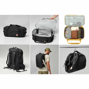 Fjallraven travel bag shown in various configurations including backpack mode and open packing compartments