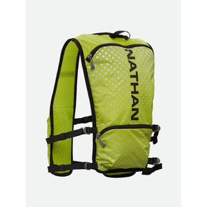 Nathan neon yellow hydration vest with reflective grid pattern and black straps