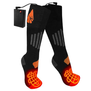 Black heated socks with battery packs and orange gorilla logo