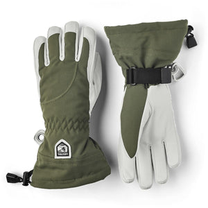 Hestra olive green and grey leather ski gloves with adjustable wrist straps