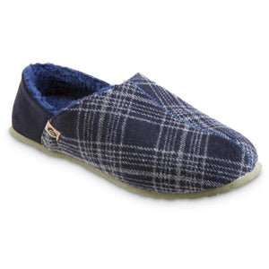Acorn navy plaid slipper with blue faux fur lining and tan rubber sole