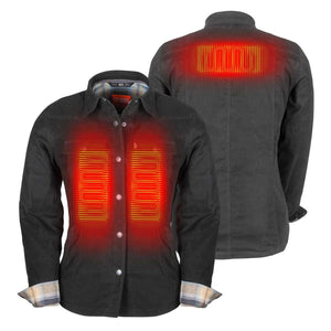 Mobile Warming black heated flannel shirt showing front and back heating elements