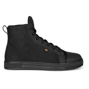Black high top canvas sneaker with rubber toe cap and lace up closure