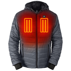 ActionHeat grey hooded puffer jacket with glowing orange chest heating elements