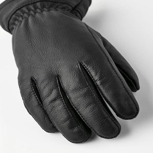 Black leather glove with gathered wrist detail