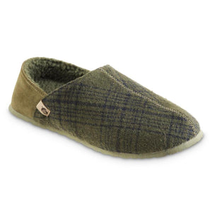 Acorn olive green plaid wool slipper with suede heel and fleece lining