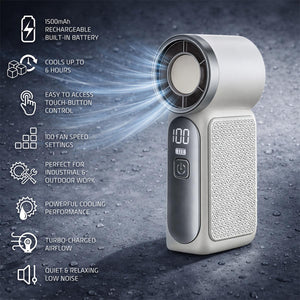 AlphaCool handheld fan with digital display showing 100 speed settings and features list