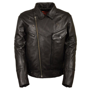 Milwaukee Leather black motorcycle jacket with asymmetrical zipper and chest pockets