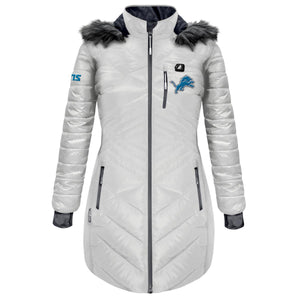 ActionHeat Detroit Lions white quilted parka with faux fur hood and team logo