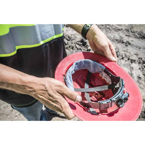 Chill-Its cooling sweatband attached to the inside of a red hard hat