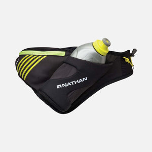 Nathan black hydration waist belt with yellow accents and a water bottle