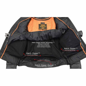Milwaukee Leather jacket interior showing patch zipper pocket technology for embroidery access