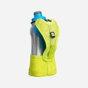 Nathan handheld water bottle with yellow mesh strap and blue cap
