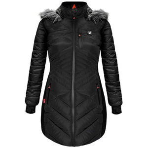 Black quilted parka with faux fur hood and front zipper closure