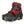 Red and grey hiking boot with attached metal ice traction spikes