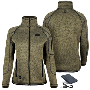 ActionHeat olive green heathered knit heated jacket with front and back views and power bank