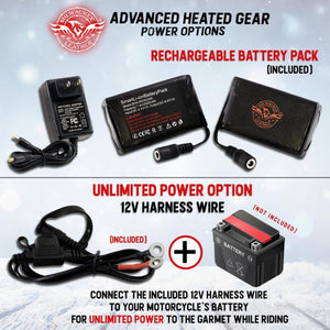 Milwaukee Leather heated gear power options including rechargeable battery pack and 12V motorcycle harness wire