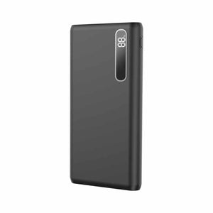 Black rectangular power bank with a digital percentage display screen