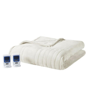 Cream colored electric heated blanket with two digital controllers