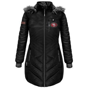 ActionHeat San Francisco 49ers black quilted parka with faux fur hood