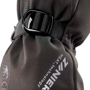 Close up of black Zanier glove wrist strap and buckle