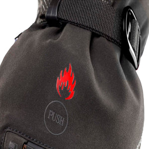 Zanier glove featuring a red flame icon and push button control