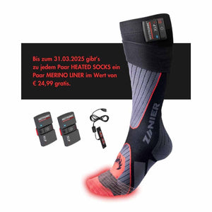 Zanier heated socks with Hotronic battery packs and charging cable