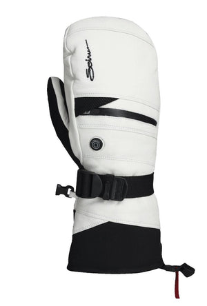 Seirus white and black heated mitten with adjustable wrist strap and zippered pocket