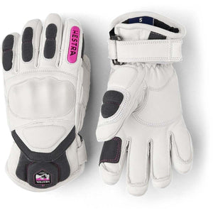 White Hestra leather ski gloves with grey padding and velcro wrist straps