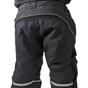 California Heat black motorcycle pants showing rear view with reflective piping