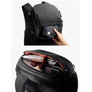 Bellroy backpack showing top pocket access and internal organization for tech accessories