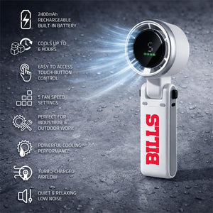 Bills branded handheld portable fan with digital display and eight feature icons