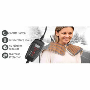 Woman wearing a heated neck wrap with a digital controller showing temperature and safety features