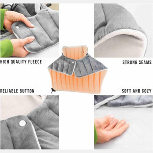 Collage showing fleece fabric texture, button closure, and stitched seams of a grey and orange wearable blanket