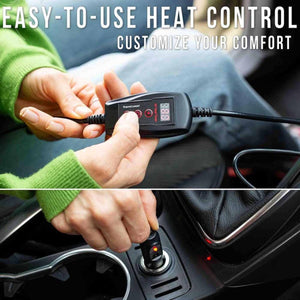 Hands adjusting a digital heat control unit and plugging it into a car power outlet
