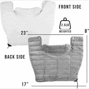 Front and back view of a 2.5lb weighted shoulder heating pad with 23 inch width and 17 inch height dimensions