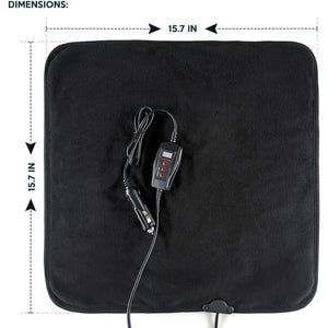 Black square heated seat cushion with 15.7 inch by 15.7 inch dimensions and car power adapter