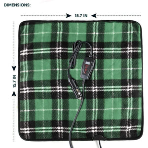 Zone Tech green plaid heated seat cushion with 15.7 inch by 15.7 inch dimensions and car power adapter