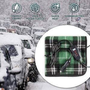 Zone Tech green plaid heated fleece blanket with 12V car adapter and digital controller