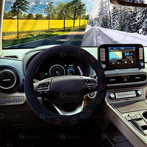 Zonetech steering wheel cover installed in a car interior showing summer and winter road views