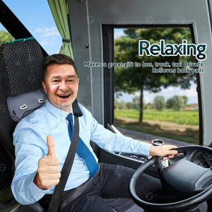 Zone Tech lumbar support cushion attached to a vehicle seat with a driver giving a thumbs up