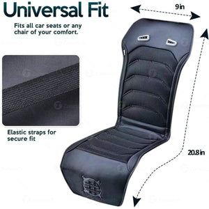 Zone Tech black universal car seat cushion with elastic straps and dimensions