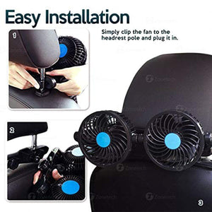 Zonetech dual headrest car fan installation steps showing how to clip the device to a headrest pole
