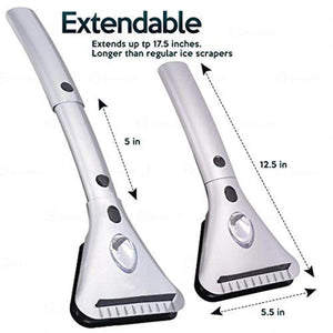 Extendable ice scraper showing dimensions of 12.5 inches retracted and 17.5 inches extended