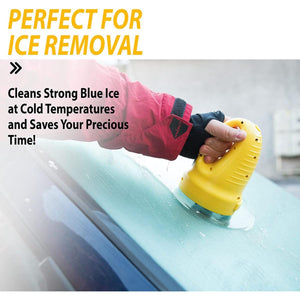 Zone Tech yellow handheld ice scraper removing ice from a car windshield
