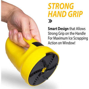 Hand holding a yellow Zone Tech circular ice scraper with a black scraping disc