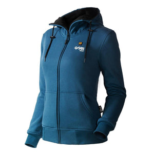 Gobi Heat blue zip up hoodie with drawstring hood and logo on chest