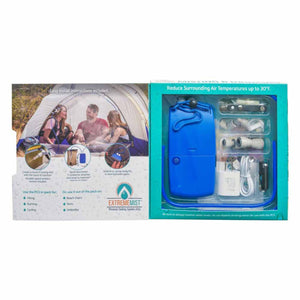 ExtremeMist personal cooling system packaging with blue pump and accessories
